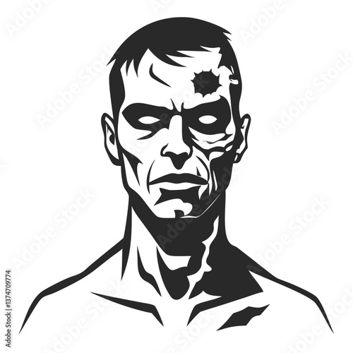 Zombie Portrait Illustration: A striking black-and-white illustration of a male zombie's face, capturing the horror and decay, perfect for adding a touch of fear to any design.