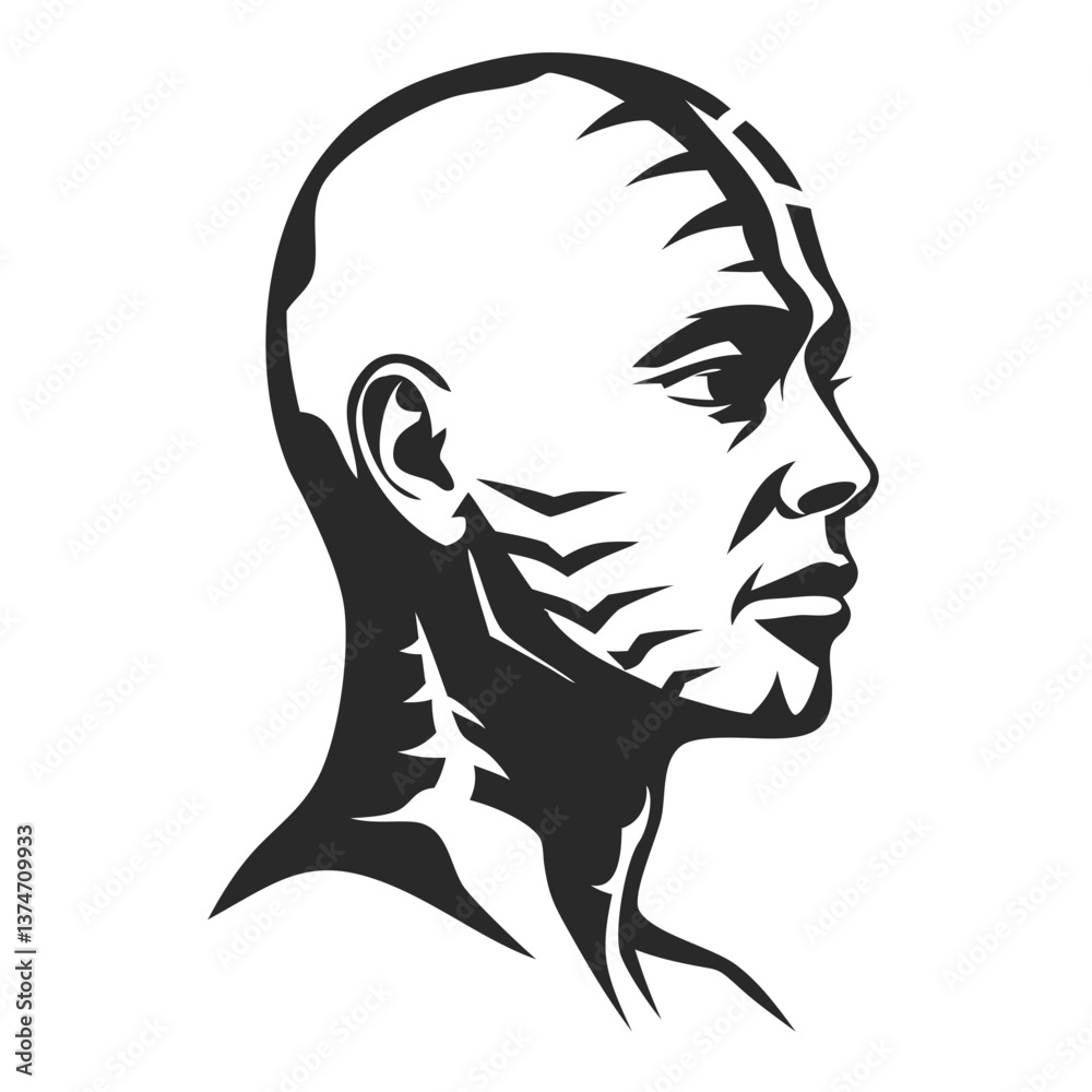 Ink Portrait of Ancient Warrior: A stylized portrait of a stoic figure with tribal markings, rendered in bold black ink, symbolizing strength and heritage.