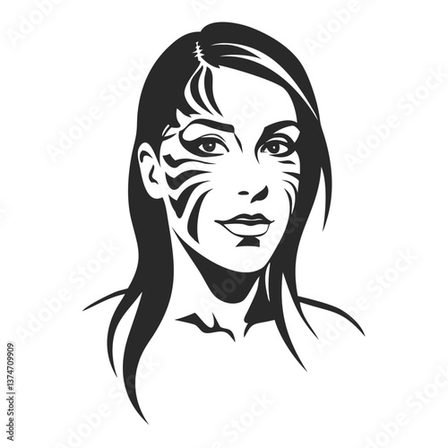 Warrior Woman: A strong and enigmatic woman, adorned with intricate tribal markings, her gaze embodies resilience and mystique.