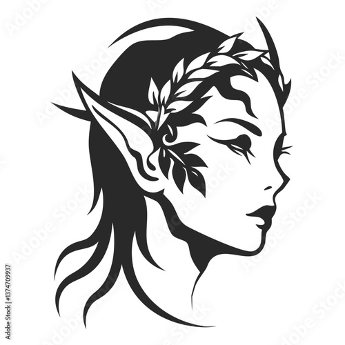 Elf Woman Profile: A stylized illustration of an elf woman's profile, adorned with leaves and a laurel wreath, evokes a mystical and enchanting atmosphere.