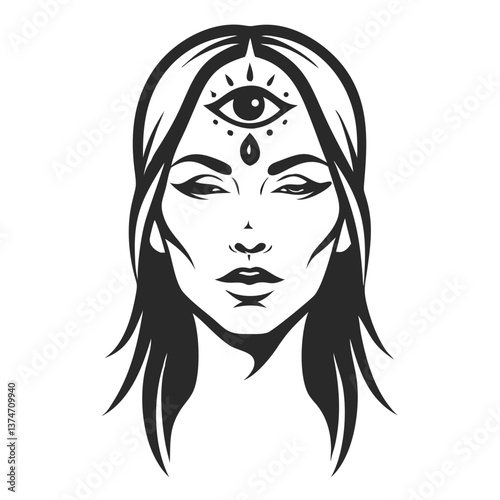 Mystical Intuition: An enigmatic gaze of a woman with a third eye, representing insight, spirituality, and the unseen realms. Capturing the mystic presence, profound depth, and inner knowledge. 