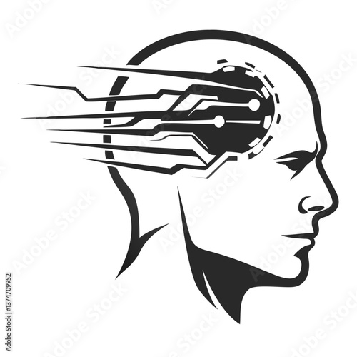 Cyber Mind: A striking black and white depiction of a human head, seamlessly integrated with circuit board elements.