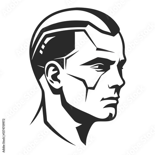Cybernetic Head Profile: A stylized profile of a man's head, seamlessly integrated with technological enhancements, suggesting a futuristic or augmented reality theme.