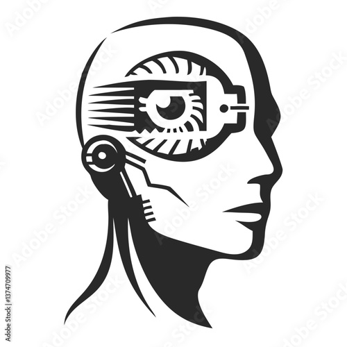 Cybernetic Intellect: A striking graphic presents a side profile of a human head integrated with advanced cybernetic elements.