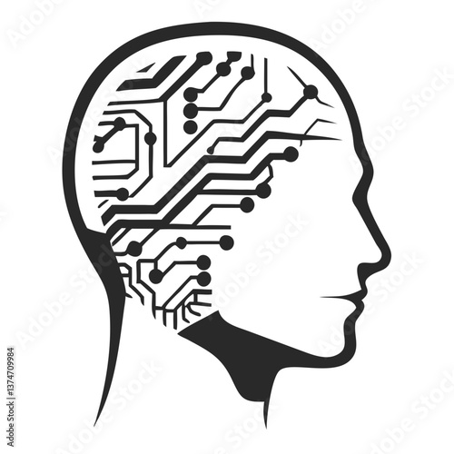 Artificial Intelligence Mind: A graphic representation showcases a human silhouette with a circuit board design replacing the brain, symbolizing the fusion of human intellect and technology.
