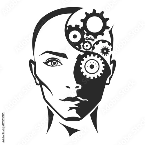 Mind and Machine: A graphic depiction merging human form with mechanical gears and the yin and yang symbol, symbolizing the duality of thought.