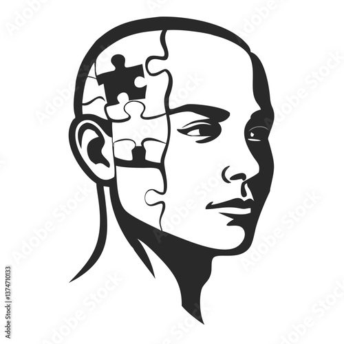 Mind Puzzle: A graphic illustration of a human head with a jigsaw puzzle, symbolizing mental process, problem-solving, and the power of thought.