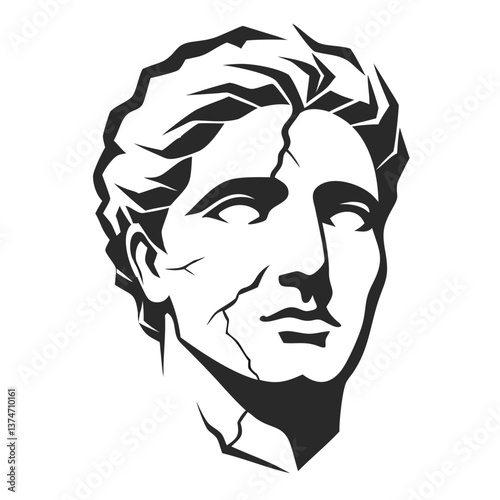 Ancient Bust: A striking black and white illustration of a classical bust, showcasing intricate details and timeless elegance.