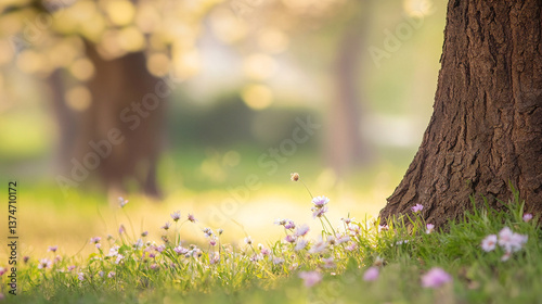 wildflowers spring to summer in the grass between trees