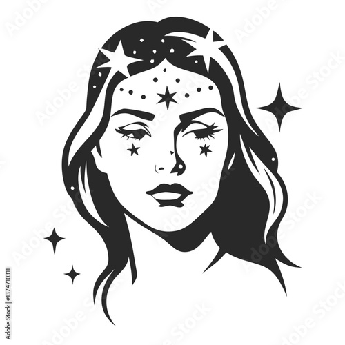 Celestial beauty portrait : A mesmerizing portrait of a woman adorned with celestial motifs, a serene expression radiates an aura of cosmic mystery.