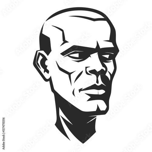 Bold Monochrome Portrait: A striking black and white image of a stern male head, evoking power and intensity with its sharp lines and deep shadows, a study in strength and character.
