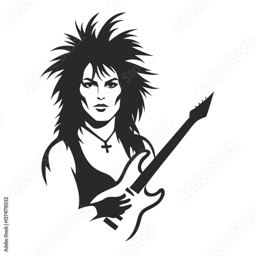 Rock Star Silhouette: A striking black and white silhouette captures the essence of a female rock star, clutching an electric guitar, embodying passion and musical prowess.