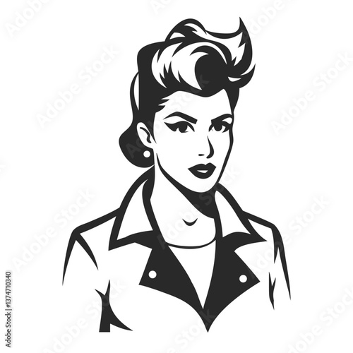 Retro Woman Portrait:  A stylish woman with a confident expression, sporting a classic 50s hairstyle and leather jacket, depicted in a bold, black and white vector art style. 