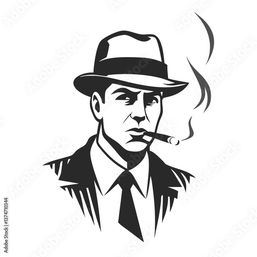 Noir Figure: A stark, monochrome image of a man exudes an air of mystery and intensity, capturing the essence of the noir aesthetic with its sharp contrasts and bold lines.