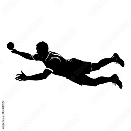 Dynamic Handball Dive: A silhouetted handball player leaps through the air, extending a hand towards the ball, frozen in a moment of athletic prowess and determination.