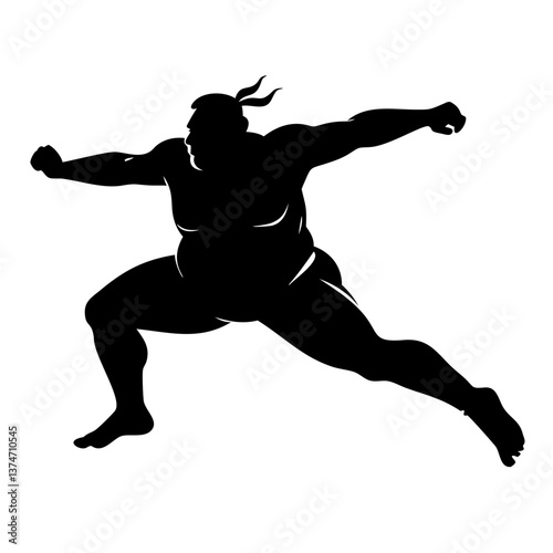 Sumo Silhouette: A powerful sumo wrestler strikes a dynamic pose, rendered in stark black silhouette against a stark canvas, evoking strength and tradition.