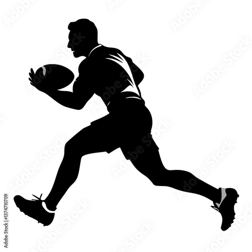 Football Runner: A dynamic black silhouette captures the essence of a football player in full stride, clutching the ball with determined focus and powerful energy.