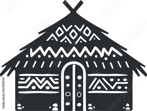Monochrome illustration of a traditional tribal hut with decorative patterns and thatched roof.