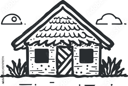 Black and white sketch of a rustic cottage with a thatched roof and simple design.