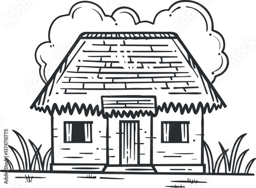 Black and white sketch of a traditional thatched roof hut with a rustic rural setting.