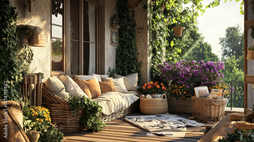 Fototapeta premium Interior design of warm terrace interior with garden armchair, pillows, vase with flowers, braided basket, plaid, big window, bowl, wooden floor and personal accessories. Home decor. Template.