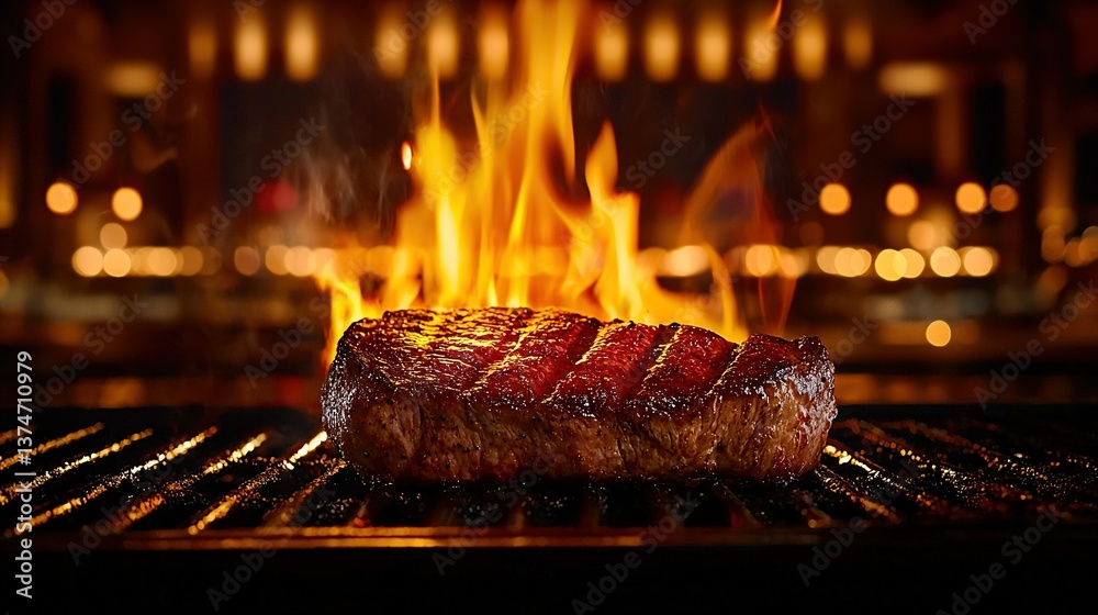   A steak on grill adjacent to fiery building side