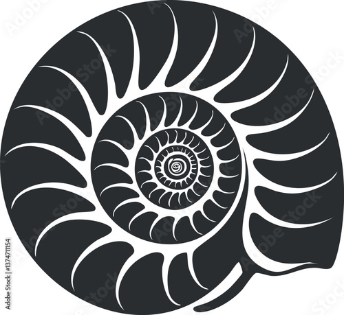 Monochrome abstract illustration of a spiral shell design, resembling a nautilus pattern.