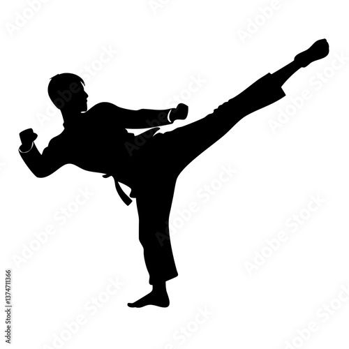 Dynamic Karate Silhouette: A dynamic silhouette of a karate practitioner executing a powerful high kick against a plain backdrop, conveying strength and precision.