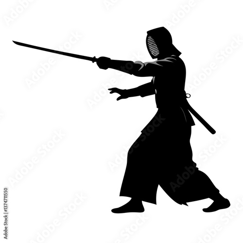 Kendo Silhouette: A dramatic silhouette of a kendo practitioner in full gear, showcasing their elegant yet powerful swordsmanship with a long katana.  