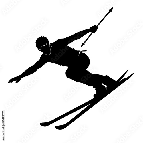 Skiing Silhouette: A powerful silhouette of a skier soaring through the air, skis gracefully carving the snow, showcasing the dynamic and thrilling nature of winter sports.