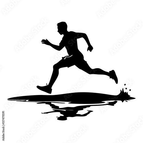 Silhouette Runner Leaping Over Water: Capturing the dynamic energy of a runner mid-stride, silhouette poised to leap over water.