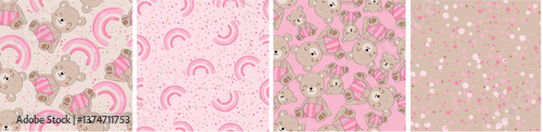 Set of seamless pattern for girls. cute bear, rainbow, dots on pink background.