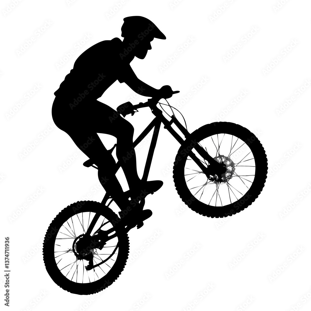 Fototapeta premium Silhouette of Mountain Biker: A silhouette of a mountain biker in mid-air, demonstrating extreme sports agility, with helmet and gear.