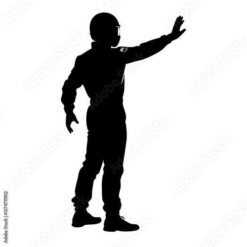 Racing Driver Silhouette: A dynamic silhouette of a racing driver, clad in protective gear, extending a hand as if signaling or directing. The image evokes a sense of speed, precision, and control. 