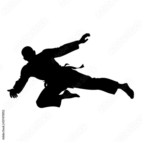 Dynamic Karate Silhouette: A silhouette of a karate practitioner mid-leap, showcasing power and precision with a dynamic pose and striking figure.