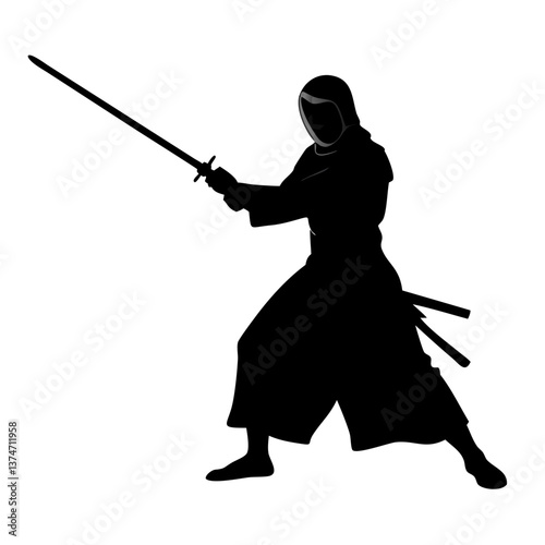 Samurai Silhouette: A dramatic silhouette of a samurai warrior in action, wielding his katana sword, their form a powerful symbol of martial arts and Japanese culture.  