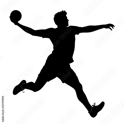 Handball Player Silhouette: Dynamic silhouette of a handball player mid-air, showcasing the explosive power and agility required for the sport.