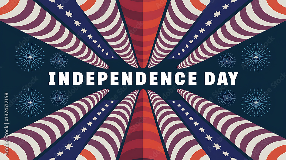 Fototapeta premium A stylized Independence Day graphic featuring a radiating American flag design with fireworks and the text INDEPENDENCE DAY in a bold sans-serif font