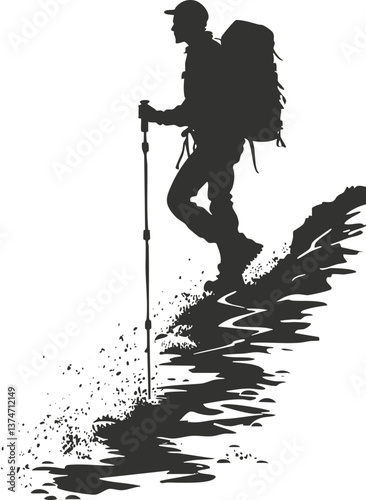Silhouette of a hiker with trekking poles ascending a mountain trail, emphasizing outdoor adventure.