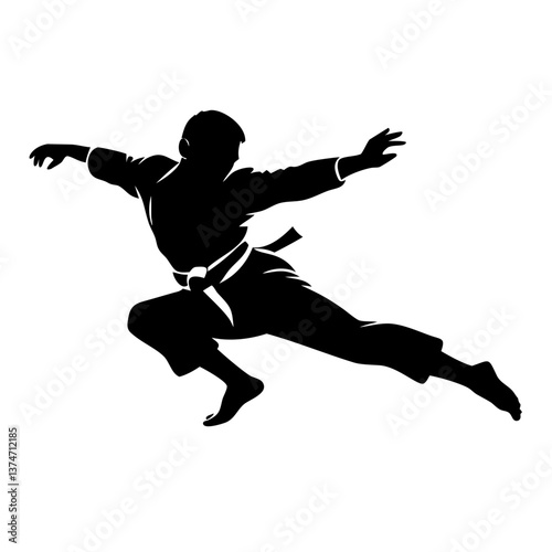 Silhouette of Dynamic Martial Artist: A dynamic silhouette of a martial artist in mid-air, showcasing skill and focus in the realm of martial arts, emphasizing power and precision.