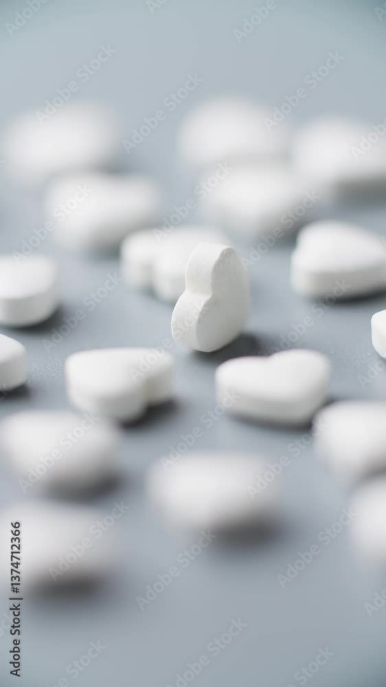Pills rotating on table. Heart shape. Healthcare industry concept. Drug medicament. Vertical video. Pills of different vitamins. Pain killer. Medical tablets. Close up in 4K, UHD Pills rotating on table. Heart shape. Healthcare industry concept. Drug medicament. Vertical video. Pills of different vitamins. Pain killer. Medical tablets. Close up in 4K, UHD