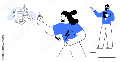 Woman holding stomach with discomfort as she rejects allergenic foods thumbs up wheat, milk, fish. Doctor points out dietary advice. Ideal for health, allergy, education, nutrition, wellness