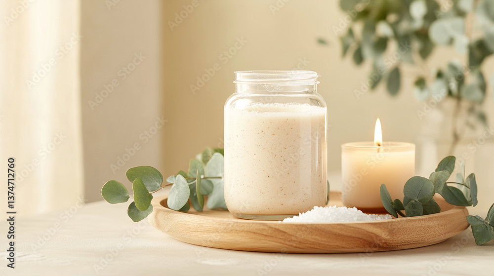 Calm aesthetic candle and jar on a wooden tray with eucalyptus Calm aesthetic candle and jar on a wooden tray with eucalyptus
