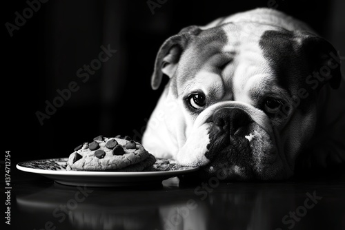 A sad-faced British Bulldog stares at a plate of cookies, caught in a battle of willpower and desire