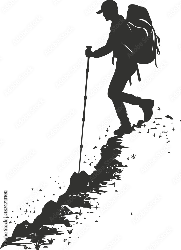 Fototapeta premium Silhouette of a hiker with backpack and walking stick on a rugged mountain trail.