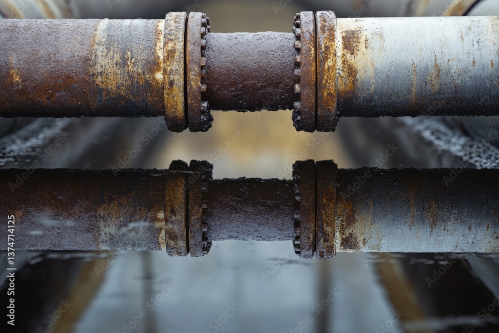 Rusty industrial pipes connected with flange joints reflected in water. Rusty industrial pipes connected with flange joints reflected in water.