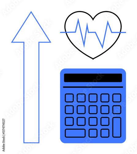 Heartbeat over heart icon with calculator and upward arrow. Ideal for health, wellness, finance, progress, analytics, productivity, success concepts. Flat simple metaphor