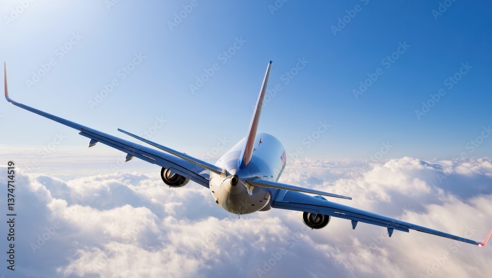 Obraz premium A commercial airplane is flying high above a vast expanse of fluffy clouds. The sky is clear and sunny, creating a perfect backdrop for air travel