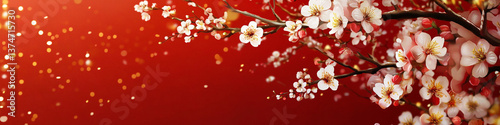 white spring blossoms of red background