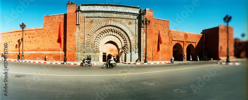 Panoramic street view of outside the medina in Marrakesh, Morocco.